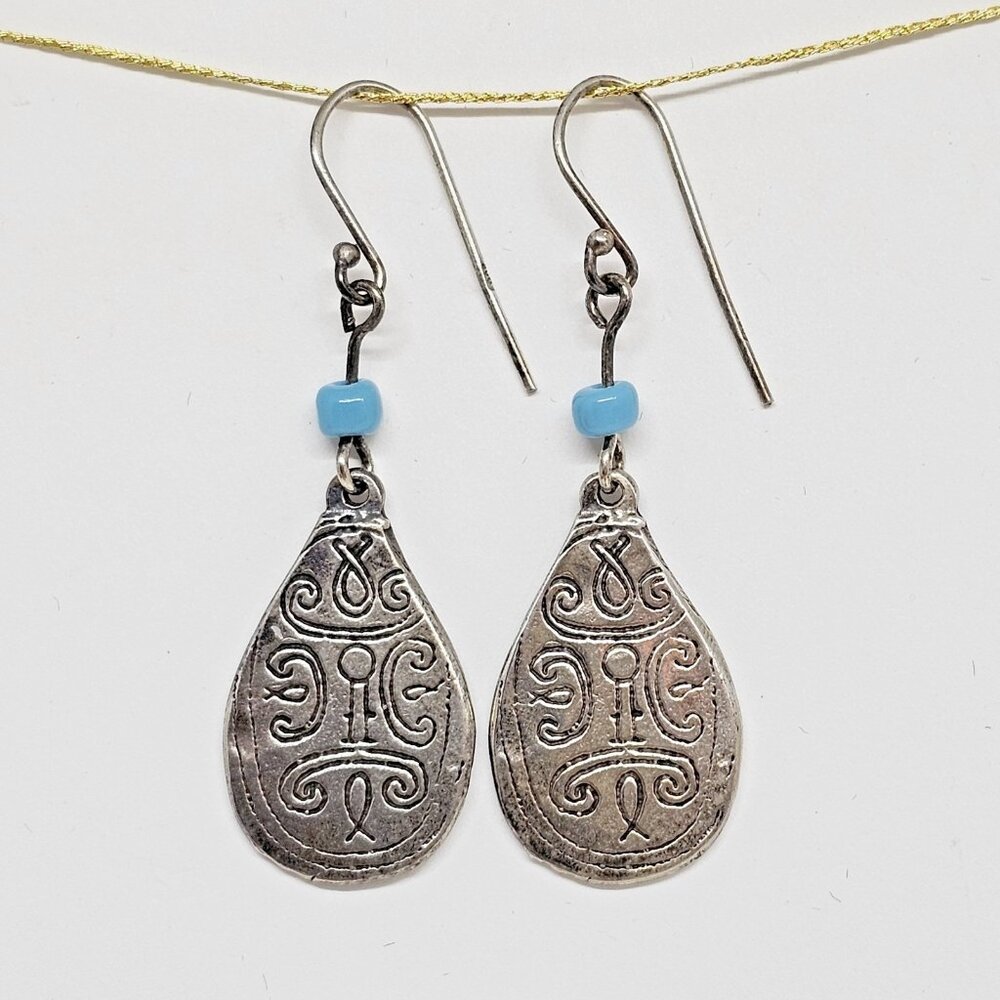 925 Sterling Silver Etched Teardrop Dangle Earrings BOHO Blue Bead